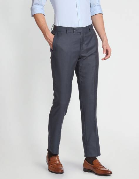 Men Regular Fit Grey Viscose Rayon Trousers