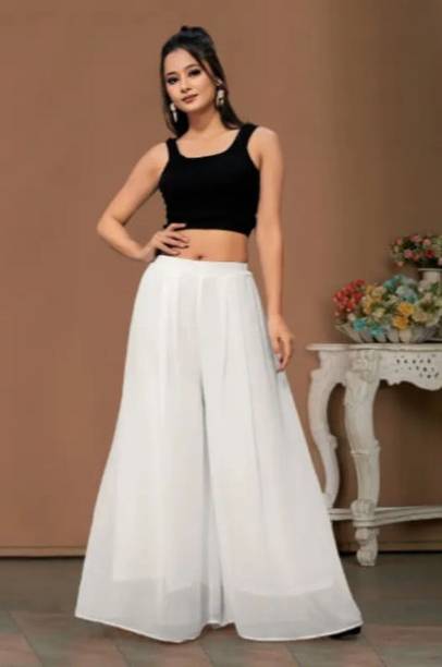 Women Loose Fit White Georgette Trousers