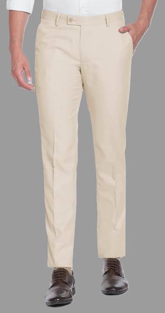 Regular Fit Men Cream Polycotton Trousers