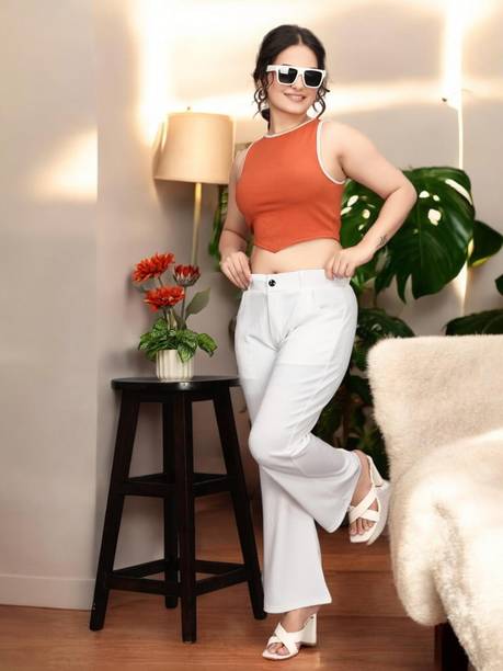 Women Loose Fit White Lycra Blend Trousers