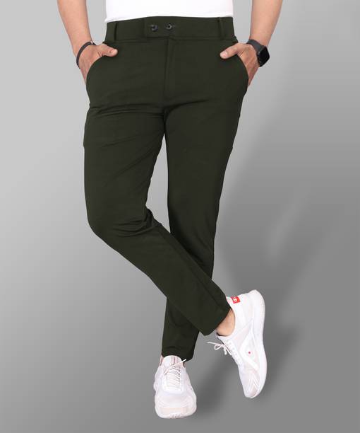Men Slim Fit Dark Green Lycra Blend Trousers