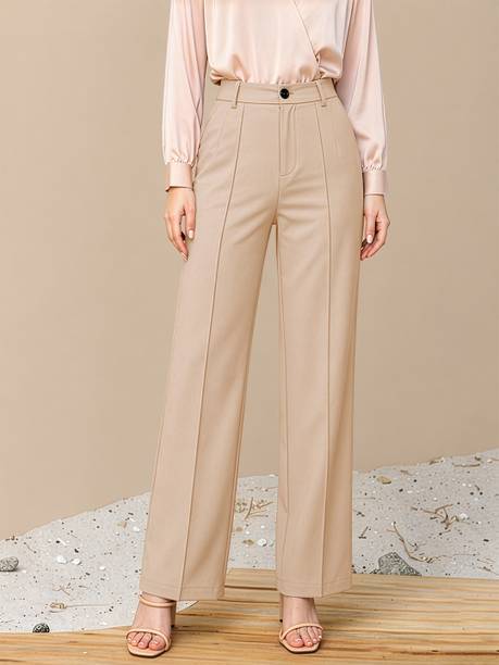 Women Regular Fit Beige Lycra Blend Trousers