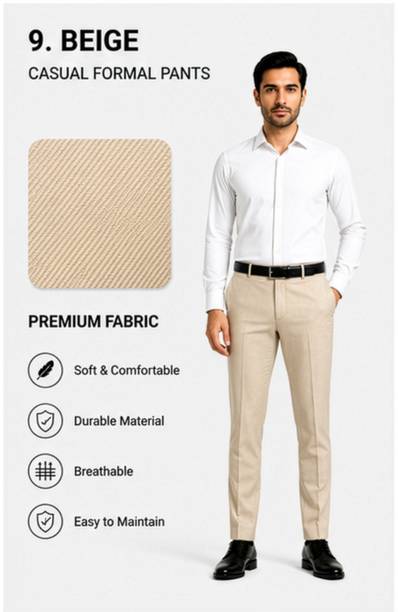 Men Slim Fit Beige Polycotton Trousers