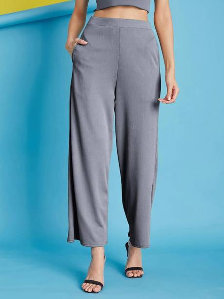 Women Relaxed Grey Lycra Blend Trousers