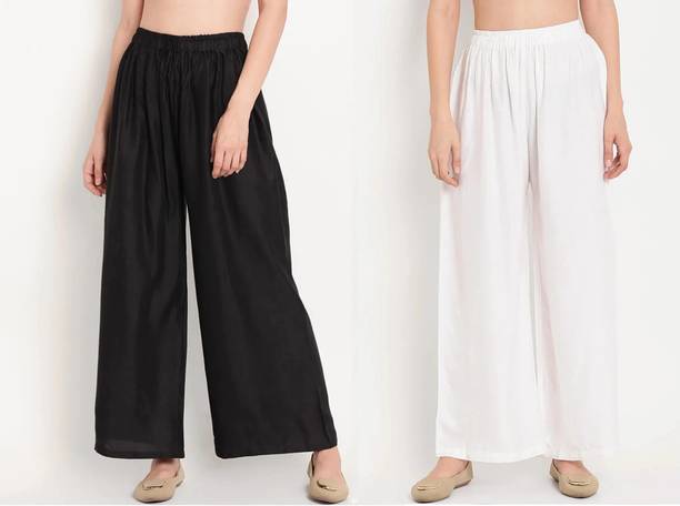 Pack of 2 Women Relaxed Black, White Viscose Rayon Trousers