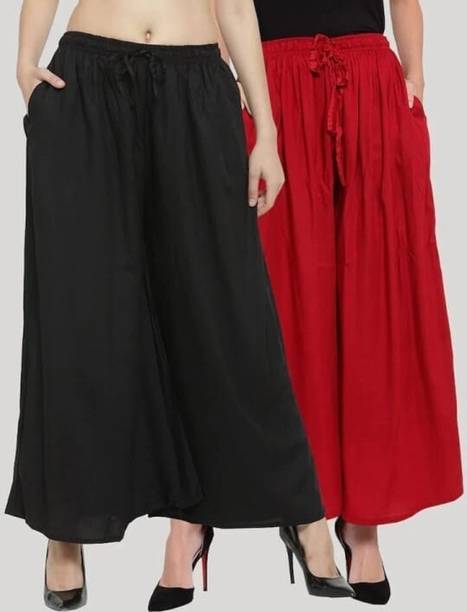 Pack of 2 Women Loose Fit Red, Black Viscose Rayon Trousers