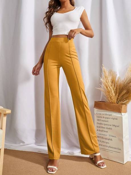 Women Regular Fit Yellow Cotton Blend Trousers
