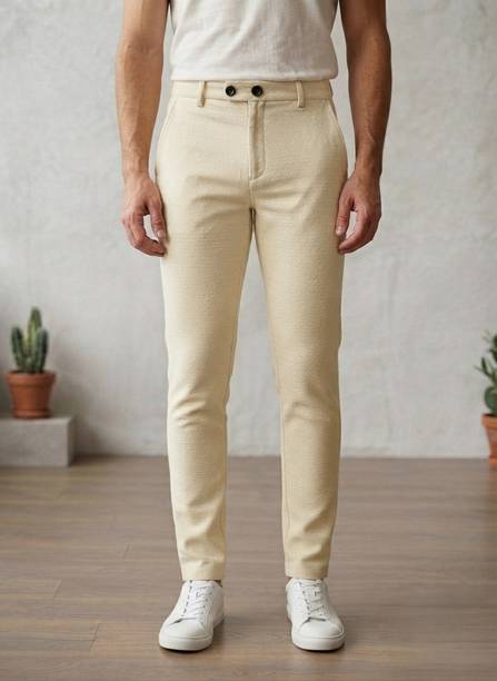 Men Regular Fit Cream Cotton Blend Trousers