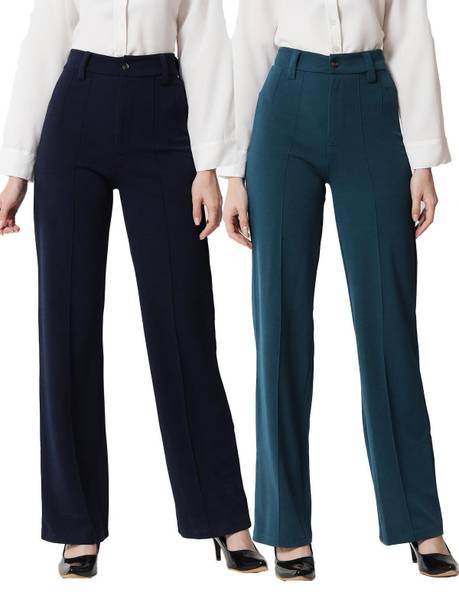 Pack of 2 Women Regular Fit Green, Blue Viscose Rayon Trousers