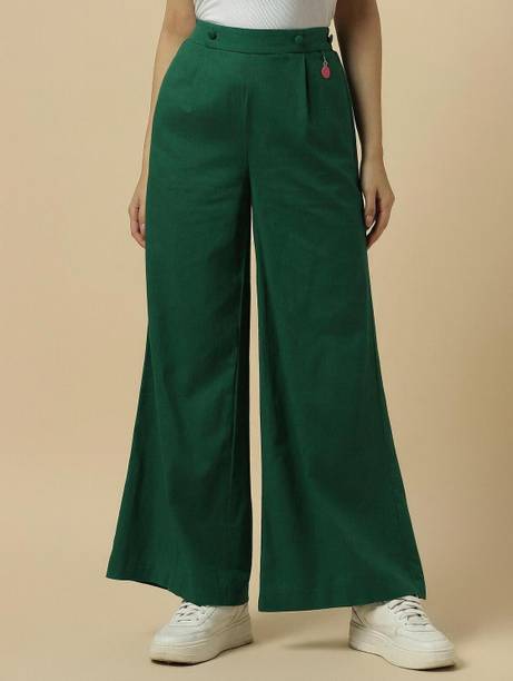 Women Regular Fit Green Cotton Blend Trousers