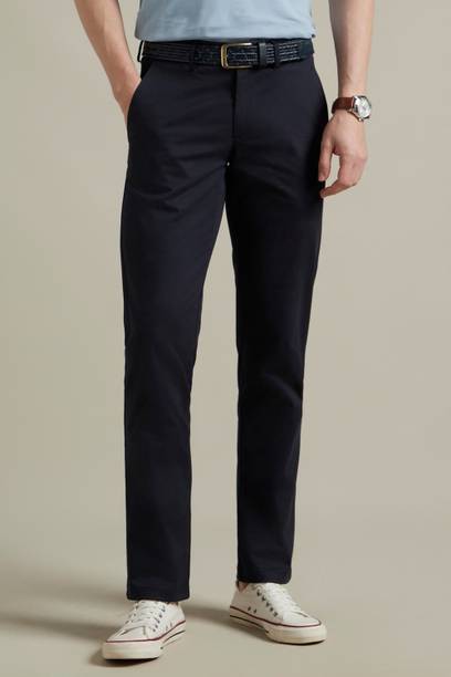 Men Tapered Dark Blue Cotton Blend Trousers