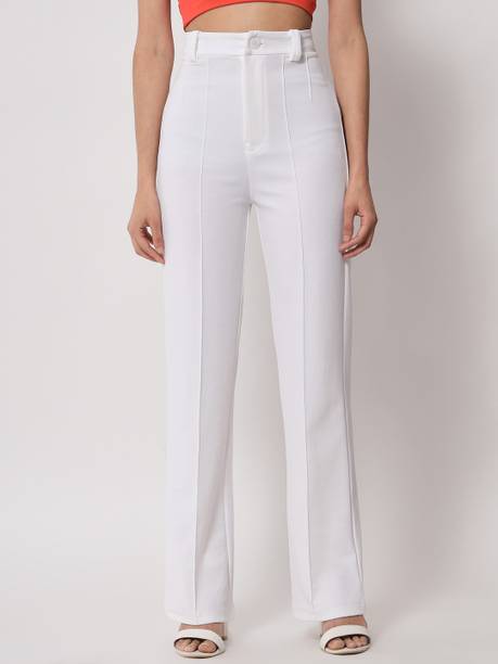 Women Regular Fit White Viscose Rayon Trousers