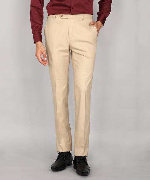 Men Slim Fit Beige Polyester Trousers