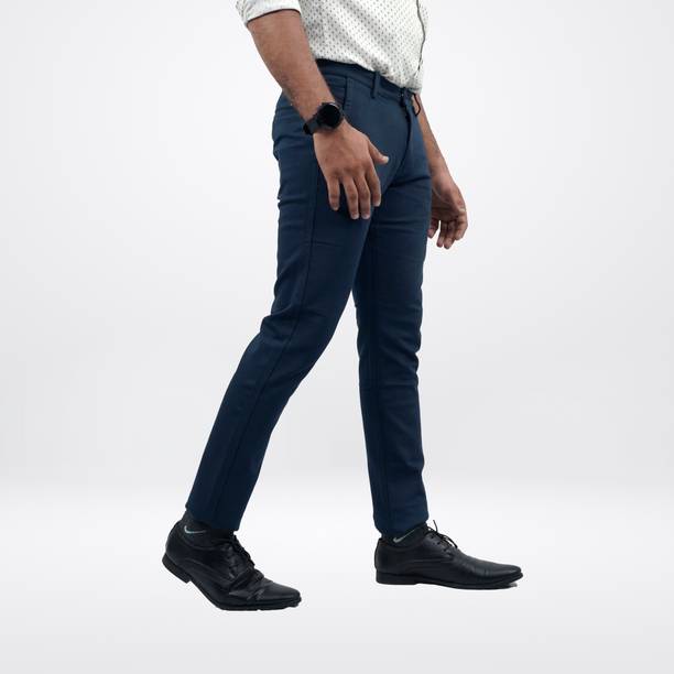 Men Regular Fit Dark Blue Pure Cotton Trousers