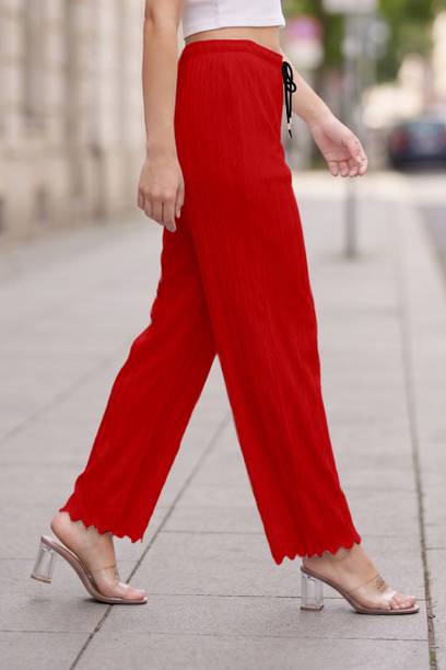 Women Loose Fit Red Georgette Trousers