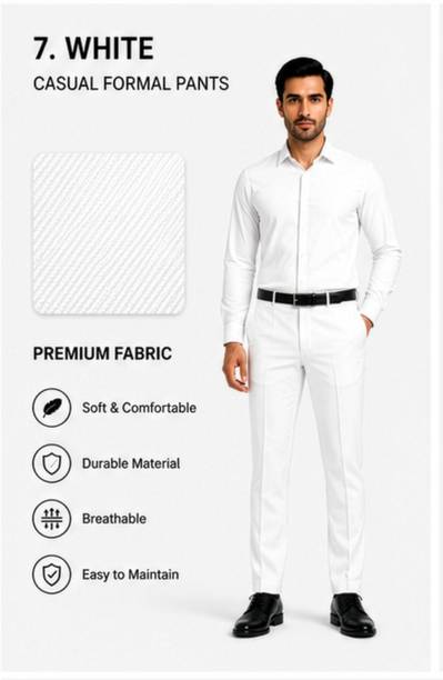 Men Slim Fit White Polycotton Trousers