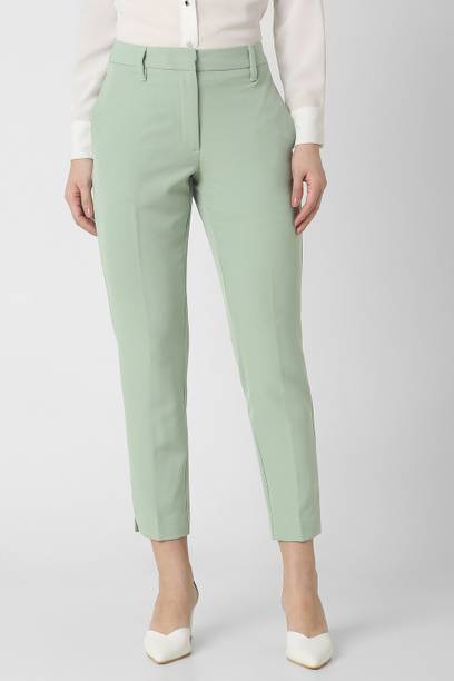 Women Slim Fit Green Polyester Trousers