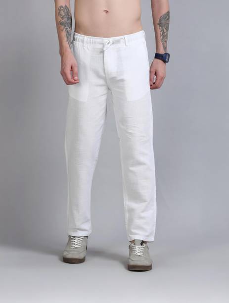 Men Relaxed White Linen Blend Trousers