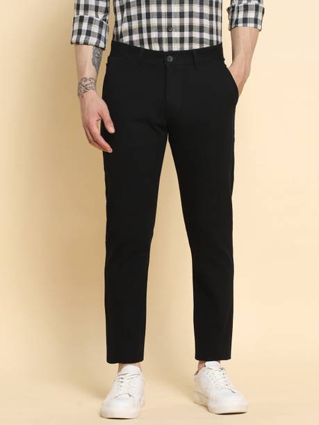 Men Slim Fit Black Pure Cotton Trousers