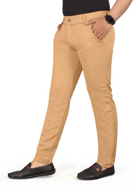 Men Slim Fit Beige Lycra Blend Trousers