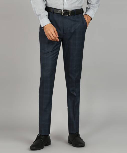 Men Slim Fit Blue Polyester Trousers