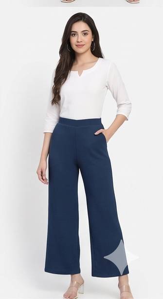Women Comfort Fit Blue Cotton Blend Trousers