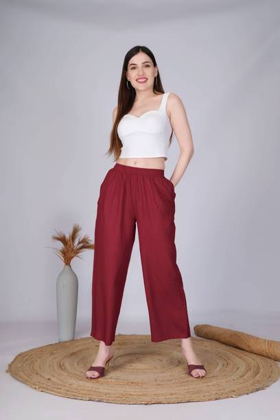 Women Straight Fit Maroon Viscose Rayon Trousers