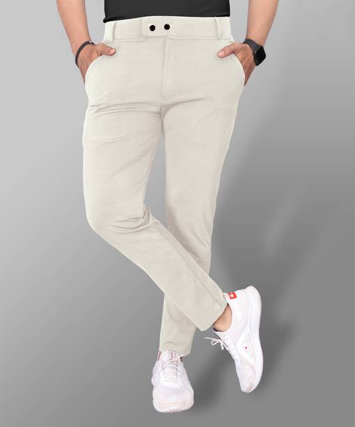 Men Slim Fit Cream Lycra Blend Trousers