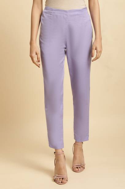 Women Slim Fit Purple Cotton Blend Trousers