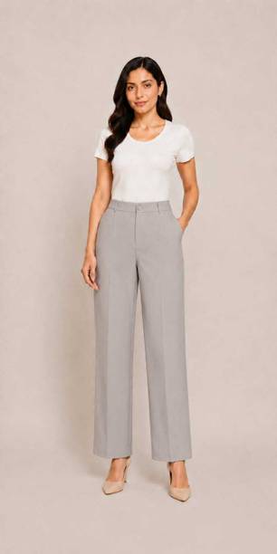 Women Regular Fit Grey Polyester Trousers