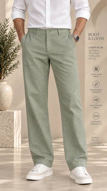 Men Relaxed Light Green Pure Linen Trousers
