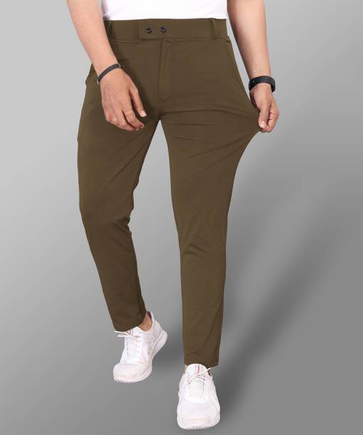 Men Regular Fit Khaki Lycra Blend Trousers