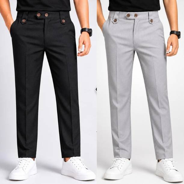 VIZZGO Pack of 2 Men Regular Fit, Straight Fit Grey, Black Cotton Blend Trousers