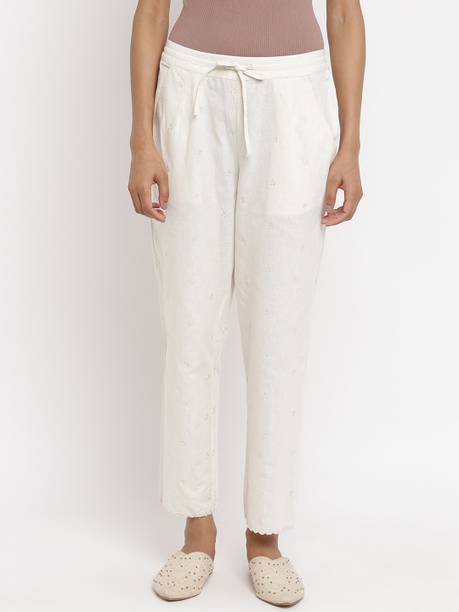 Women Regular Fit White Cotton Silk Trousers