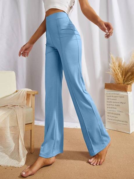 Women Regular Fit Light Blue Cotton Blend Trousers