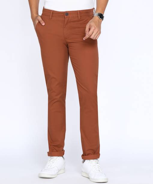 Men Slim Fit Red Cotton Blend Trousers