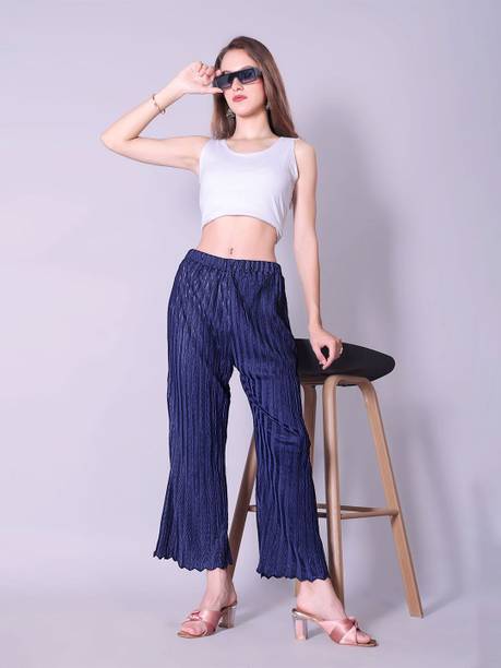 Women Comfort Fit Dark Blue Lycra Blend Trousers