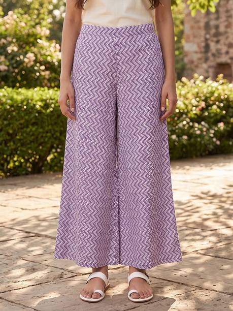 Women Flared Purple Cotton Blend Trousers
