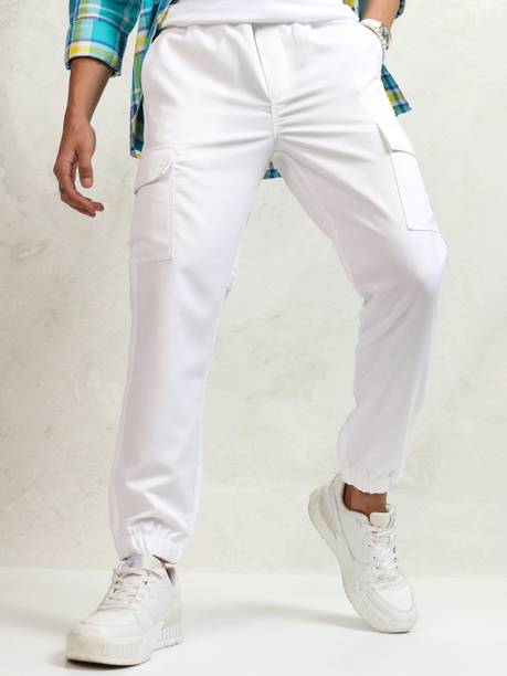 Men Regular Fit White Cotton Blend Trousers