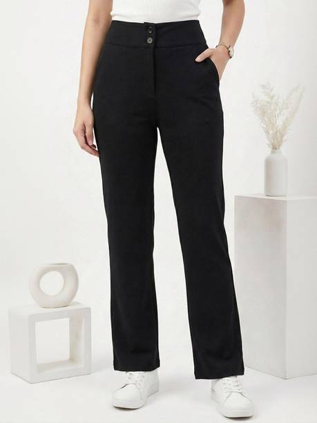 Women Straight Fit Black Polycotton Trousers