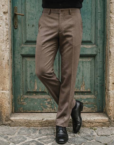 Formal Flat Front Men Slim Fit Brown Polyester Trousers