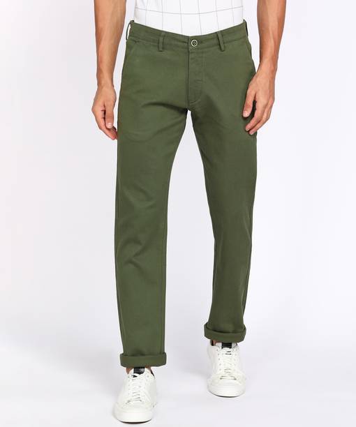 PETER ENGLAND Men Slim Fit Dark Green Pure Cotton Trousers