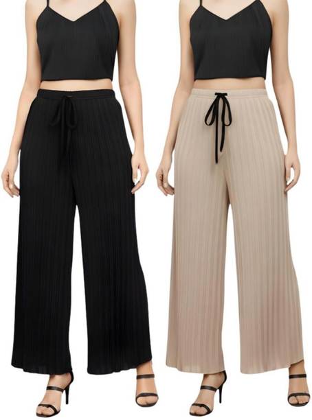 Pack of 2 Women Regular Fit Black, Beige Lycra Blend Trousers