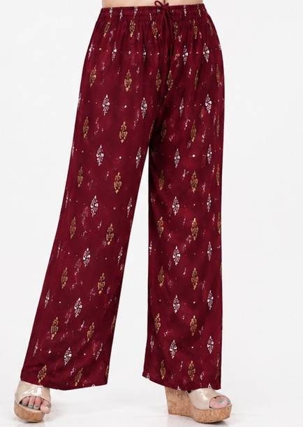 Women Loose Fit Maroon Viscose Rayon Trousers