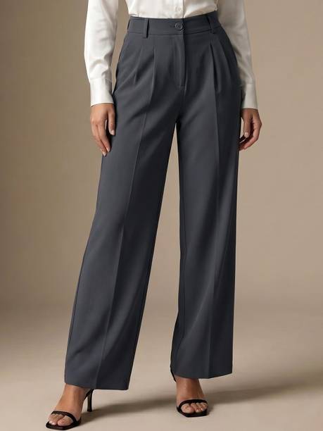 Women Straight Fit Grey Polyester Trousers