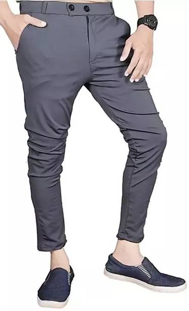 Men Slim Fit Grey Lycra Blend Trousers