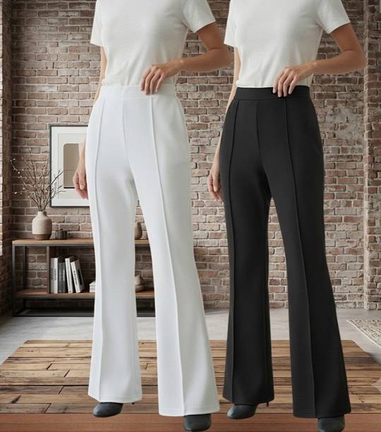 Pack of 2 Women Flared White, Black Polyester Trousers