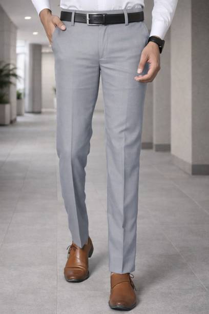 Men Slim Fit Grey Viscose Rayon Trousers