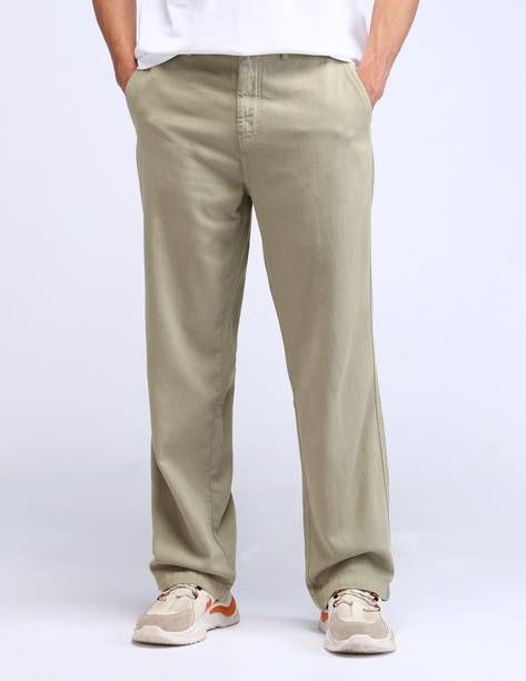 Men Loose Fit Brown Pure Cotton Trousers