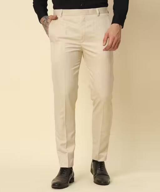 Men Slim Fit Cream Polycotton Trousers